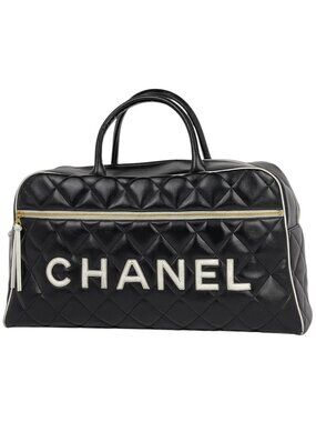 Chanel Boston Bag Quilted Leather Black White